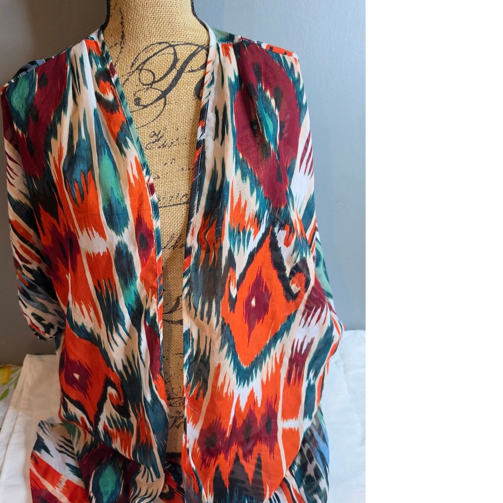 Ashley Stewart Ikat Print Open Front Kimono Top Orange Green Blue 1X